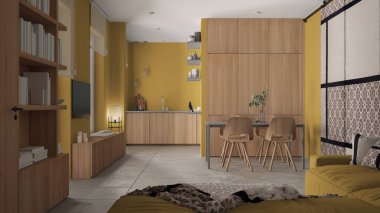 Modern minimalist oturma odası ve mutfak sarı tonlarda, beton fayanslar, kanepe, yemek masası, sandalyeler, ahşap kitaplık ve dolaplar, kumaş sürgülü kapı, mimari iç tasarım