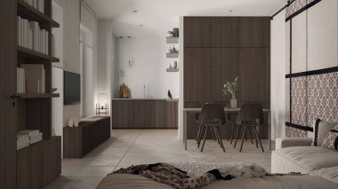 Modern minimalist oturma odası ve mutfak koyu tonlarda, beton fayanslar, kanepe, yemek masası, sandalyeler, ahşap kitaplık ve dolaplar, kumaş sürgülü kapı, mimari iç tasarım