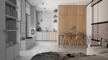 Mimari iç mimar konsepti: gerçek hale gelen el yapımı taslak proje, oturma odası ve mutfak, kanepe, masa, sandalye, ahşap kitaplık ve dolaplar, sürgülü kapı rafları