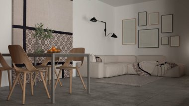 Minimalist rahat oturma ve yemek odası beyaz tonlarda, ahşap sandalyeli modern masa, battaniye, halı ve kumaş sürgülü kapı, çerçeve fotokopi alanı, iç tasarım