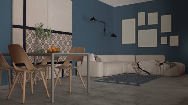 Minimalist rahat oturma ve yemek odası mavi tonlarda, ahşap sandalyeli modern masa, battaniye, halı ve kumaş sürgülü kapı, çerçeve fotokopi alanı, iç tasarım