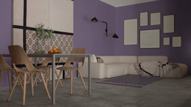 Minimalist rahat oturma ve yemek odası mor tonlarda, ahşap sandalyeli modern masa, kanepe, battaniye, halı ve kumaş sürgülü kapı, çerçeve fotokopi alanı, iç tasarım