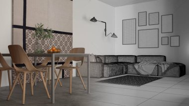 Mimari iç mimar konsepti: gerçek hale gelen el yapımı taslak proje, oturma ve yemek odası, masa, sandalye, kanepe, halı, sürgülü kapı, çerçeve modeli, kopyalama alanı