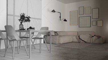 Mimari iç mimar konsepti: gerçek hale gelen el yapımı taslak proje, oturma ve yemek odası, masa, sandalye, kanepe, halı, sürgülü kapı, çerçeve modeli, kopyalama alanı