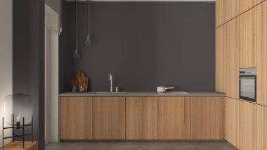 Modern minimalist ahşap mutfak gri tonlarda, çelik muslukla batar, esrar, fırın, cam lambalı bank, mermer kaplama ve beton fayanslar, pencere, rahat iç tasarım