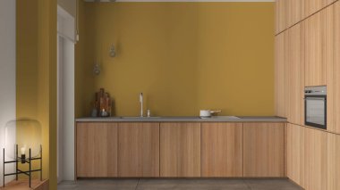 Modern minimalist ahşap mutfak sarı tonlarda, çelik muslukla batar, esrar, fırın, cam lambalı bank, mermer kaplama ve beton fayanslar, pencere, rahat iç tasarım