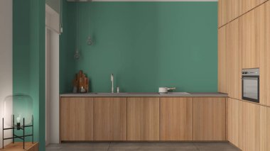 Modern minimalist ahşap mutfak turkuaz tonlu, çelik muslukla batan, esrar, fırın, cam lambalı bank, mermer kaplama ve beton kaplama, rahat iç tasarım.