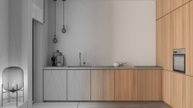 Mimari iç mimar konsepti: elle çizilmiş tamamlanmamış taslak proje gerçeğe dönüşüyor, mutfak, musluk suyu, indüksiyon hob, fırın, cam lamba, mermer kaplama ve beton döşemeler