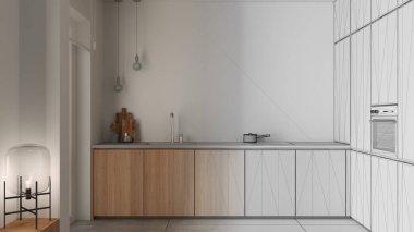 Mimari iç mimar konsepti: elle çizilmiş tamamlanmamış taslak proje gerçeğe dönüşüyor, mutfak, musluk suyu, indüksiyon hob, fırın, cam lamba, mermer kaplama ve beton döşemeler