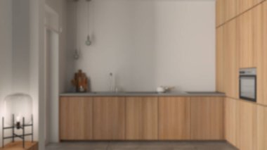 Bulanık arka plan, modern minimalist ahşap mutfak, çelik muslukla batmak, esrar, fırın, bank, cam lamba, mermer tavan ve beton fayanslar, pencere, rahat iç tasarım.
