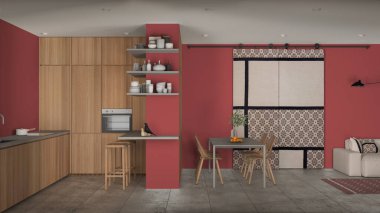 Modern minimalist oturma odası ve mutfak kırmızı tonlarda, beton fayanslar, kanepe, yemek masası, sandalyeler, tabureli ada, ahşap dolaplar, sürgülü kapı, iç mimari tasarım