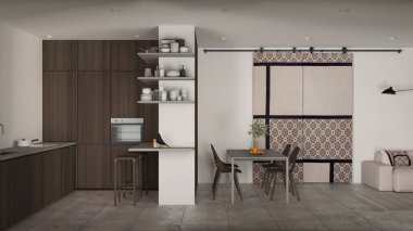 Modern minimalist oturma odası ve mutfak koyu tonlarda, beton fayanslar, kanepe, yemek masası, sandalyeler, tabureli ada, ahşap dolaplar, sürgülü kapı, iç mimari tasarım