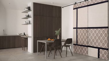 Minimalist ahşap yemek odası ve mutfak koyu tonlarda, beton fayanslar, sandalyeli masa, ahşap dolaplar ve raflar, kumaş sürgülü kapı. Mimari iç tasarım
