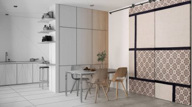 Mimari iç mimar konsepti: gerçek hale gelen el yapımı taslak proje, yemek odası ve mutfak, beton fayanslar, masa, sandalyeler, dolaplar ve raflar, sürgülü kapı