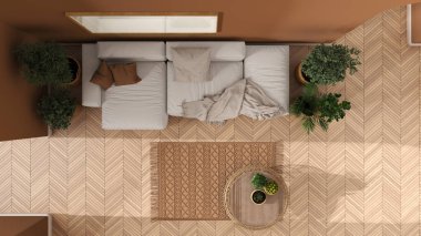 İskandinav oturma odası turuncu tonlarda, ringa kemiği parke zemininde, kanepe, halı, lamba, rattan masa, saksı bitkileri ve dekorlar. Modern iç tasarım, üst görünüm, plan, yukarıda