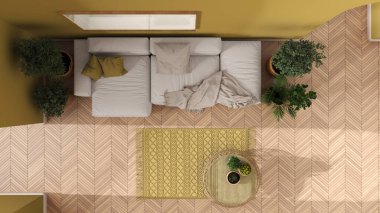 Sarı tonlu İskandinav İskandinav oturma odası, ringa kemiği parke zemin, kanepe, halı, lamba, rattan masa, saksı bitkileri ve dekorlar. Modern iç tasarım, üst görünüm, plan, yukarıda