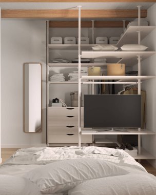 Beyaz tonda modern minimalist yatak odası, gömme dolap, yorgan ve yastıklı yatak. Ayna, çekmeceler, askılar, raflar ve raflar. Çağdaş iç tasarım