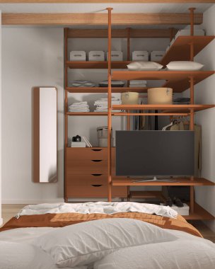Portakal renginde modern minimalist yatak odası. Dolap, yatak, yorgan ve yastıklar. Ayna, çekmeceler, askılar, raflar ve raflar. Çağdaş iç tasarım