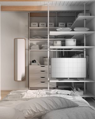 Mimar iç mimar konsepti: elle çizilmiş tamamlanmamış proje gerçeğe dönüşüyor, yatak odası gömme dolap, yatak. Çekmeceler, askılar, raflar ve raflar.