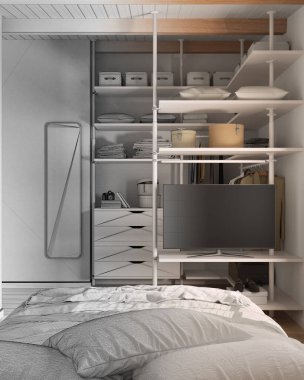 Mimar iç mimar konsepti: elle çizilmiş tamamlanmamış proje gerçeğe dönüşüyor, yatak odası gömme dolap, yatak. Çekmeceler, askılar, raflar ve raflar.