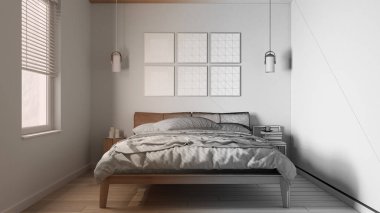 Mimari iç mimar konsepti: bitirilmemiş el yapımı taslak proje gerçek oluyor, yatak odası, yorgan, yastık ve battaniye ile yatak odası, parke, çerçeve modeli, lambalar ve yan tablolar