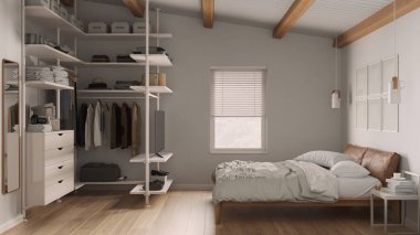 Beyaz tonda modern minimalist yatak odası. Dolabı, parke döşemesi, ahşap kirişler tavan, yorgan ve yastıklı yatak. Panjurlu, dekorlu bir pencere. Çağdaş iç tasarım
