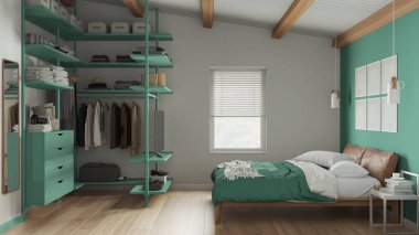 Dolap, parke zemin, tahta kirişler tavan, yorgan ve yastıklı yatak içeren turkuaz tonlarda modern minimalist yatak odası. Pencere, perdeler, dekorlar. Çağdaş iç tasarım