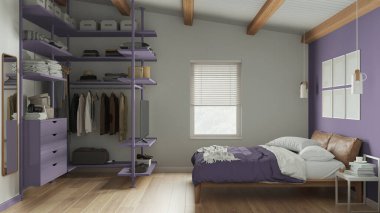 Mor tonlarda modern minimalist yatak odası. Dolap, parke zemin, ahşap kirişler tavan, yorgan ve yastıklı yatak. Pencere, perdeler, dekorlar. Çağdaş iç tasarım