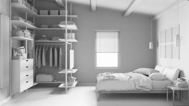 Tamamen beyaz proje taslak, modern minimalist yatak odası, dolap, parke, ahşap kirişler tavan, yorgan ve yastıklı yatak. Panjurlu pencere. Çağdaş iç tasarım