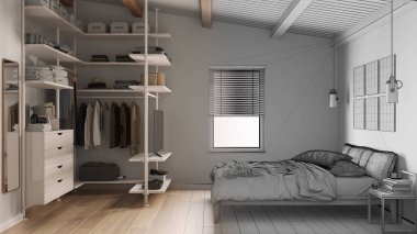 Mimari iç mimar konsepti: bitirilmemiş el yapımı taslak proje, dolap, parke döşemeli yatak odası, ahşap kirişler tavan, yorgan ve yastıklı yatak