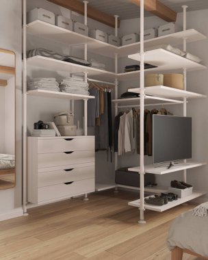 Modern minimalist yatak odası beyaz tonlarda dolaba girer. Ayna, parke zemin, çekmeceler ve raflar. Elbiseler, kutular ve ayakkabılar. Çağdaş iç tasarım