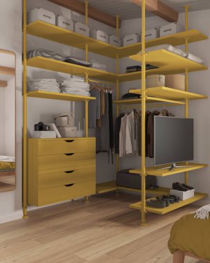 Modern minimalist yatak odası dolaba girer, sarı tonlarda kapanır. Ayna, parke zemin, çekmeceler ve raflar. Elbiseler, kutular ve ayakkabılar. Çağdaş iç tasarım