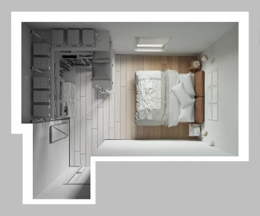 Mimari iç mimar konsepti: bitirilmemiş el yapımı taslak proje gerçeğe dönüşüyor, dolap, parke, yorgan ve yastıklı yatak odası. Üst görünüm, plan, yukarıda