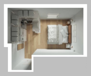 Arka plan bulanık, modern minimalist yatak odası dolap, parke döşeme, yorgan ve yastıklı yatak. Panjurlu, dekorlu bir pencere. Manzara, plan, yukarısı. Çağdaş iç tasarım