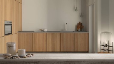 Ahşap masa üstü veya rafta mumlar ve çakıl taşları, zen ruh hali, minimalist dolaplı ahşap mutfak, musluk, fırın ve aksesuarlar, mimari iç tasarım.