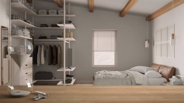Ahşap masa, masa ya da raf kristal modern kum saati ile yatak odası üzerindeki son teslim tarihine kadar geçen zamanı gösteriyor. Dolap, iç tasarım, kopyalama alanı arka planı.