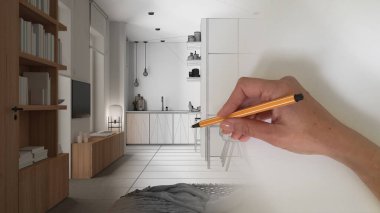 Mimari iç mimar konsepti: alan gerçek, rahat oturma ve yemek odası, sandalyeler, pencere ve kitaplık haline gelirken el yapımı bir iç tasarım projesi