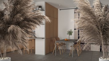 Çakıl taşları, kuru bitkiler, süs, kulaklar, çarşaf, vazo dalları minimalist ahşap oturma odası, sandalyeli mutfak ve yemek masası, modern minimal iç tasarım.