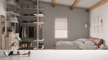 Beyaz masa üstü veya rafta minimalist kuş süsü, kuş süsü, bulanık çağdaş minimalist yatak odası, gömme dolap, parke döşeme, modern iç tasarım