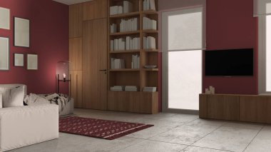 Kırmızı tonlarda modern minimalist oturma odası, beton fayanslar, kanepe ve halı, zemin cam lamba, çerçeve modeli, ahşap kitaplık ve dolaplar, pencereler, mimari iç tasarım