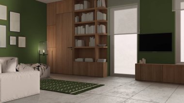 Modern minimalist oturma odası yeşil tonlarda, beton fayanslar, kanepe ve halı, zemin cam lamba, çerçeve modeli, ahşap kitaplık ve dolaplar, pencereler, mimari iç tasarım