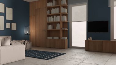Modern minimalist oturma odası mavi tonlarda, beton fayanslar, kanepe ve halı, zemin cam lamba, çerçeve modeli, ahşap kitaplık ve dolaplar, pencereler, mimari iç tasarım