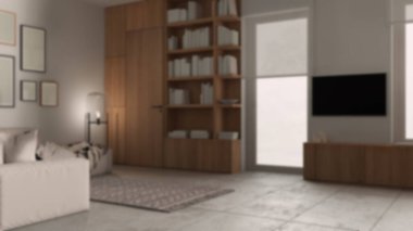 Bulanık arka plan, modern minimalist oturma odası, beton fayanslar, kanepe ve halı, zemin cam lamba, çerçeve modeli, ahşap kitaplık ve dolaplar, pencereler, iç mimari tasarım