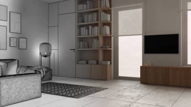 Mimari iç mimar konsepti: gerçek hale gelen el yapımı taslak proje, oturma odası, kanepe, halı, cam lamba, çerçeve modeli, ahşap kitaplık ve dolap, pencereler