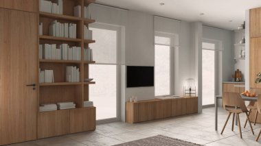Beyaz tonlarda modern minimalist oturma odası, beton fayanslar, ahşap kitaplık ve kitaplı dolaplar, televizyon standı, tekerlekli jaluzili pencereler, çağdaş iç mimari tasarım