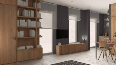 Gri tonlu modern minimalist oturma odası, beton fayanslar, ahşap kitaplık ve kitaplı dolaplar, televizyon standı, tekerlekli jaluzili pencereler, çağdaş iç mimari tasarım