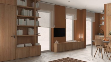 Turuncu tonlarda modern minimalist oturma odası, beton fayanslar, ahşap kitaplık ve kitaplı dolaplar, televizyon standı, paten körü olan pencereler, çağdaş iç mimari tasarım