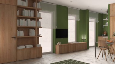 Modern minimalist oturma odası yeşil tonlarda, beton fayanslar, ahşap kitaplık ve kitaplı dolaplar, televizyon standı, tekerlekli jaluzili pencereler, çağdaş iç mimari tasarım