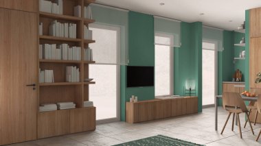 Turkuaz tonlarda modern minimalist oturma odası, beton fayanslar, ahşap kitaplık ve kitaplı dolaplar, televizyon standı, tekerlekli jaluzili pencereler, rahat iç mimari tasarım