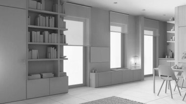Toplam beyaz proje taslağı, modern minimalist oturma odası, beton fayanslar, ahşap kitaplık, kitaplı dolaplar, tekerlekli jaluzili pencereler, çağdaş iç mimari tasarım
